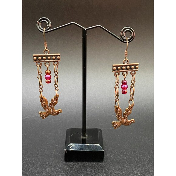 Bird & Iridescent Pink Red Glass Bead Chandelier Earrings by Neanie-Bot - Picture 2 of 2